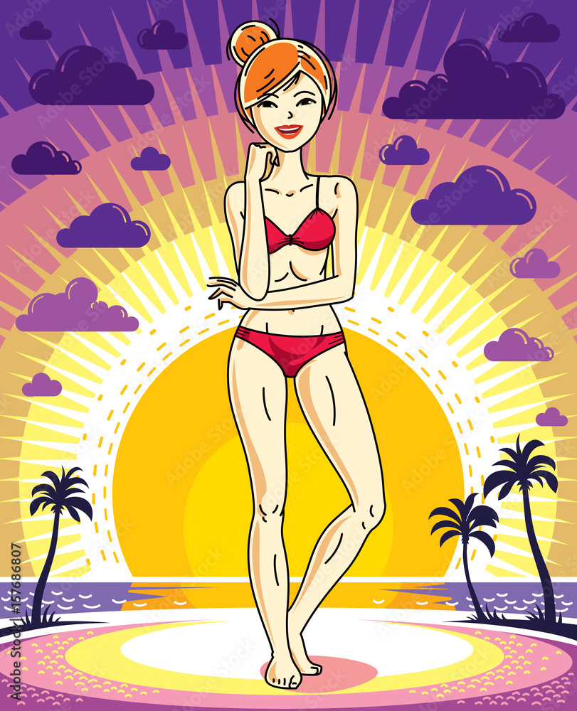 Attractive young redhead woman posing on background of sunset landscape with palms and wearing red bikini. Vector nice lady illustration. Lifetime theme clipart.