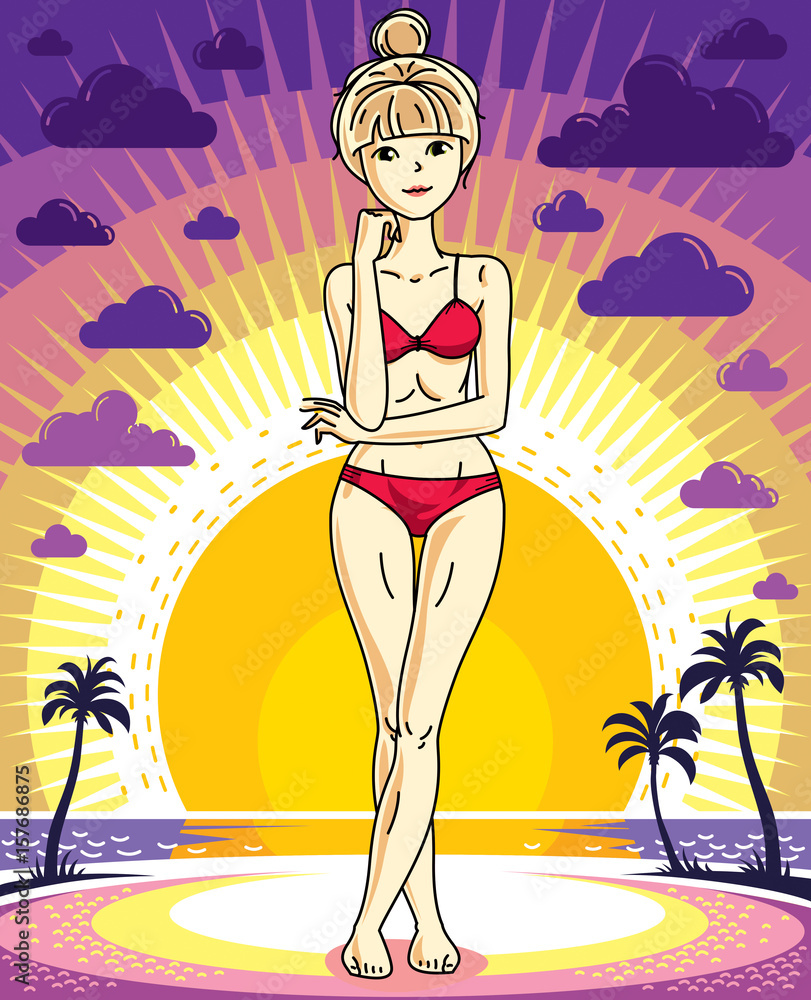 Attractive young blonde woman posing on background of sunset landscape with palms and wearing red bikini. Vector nice lady illustration. Lifetime theme clipart.