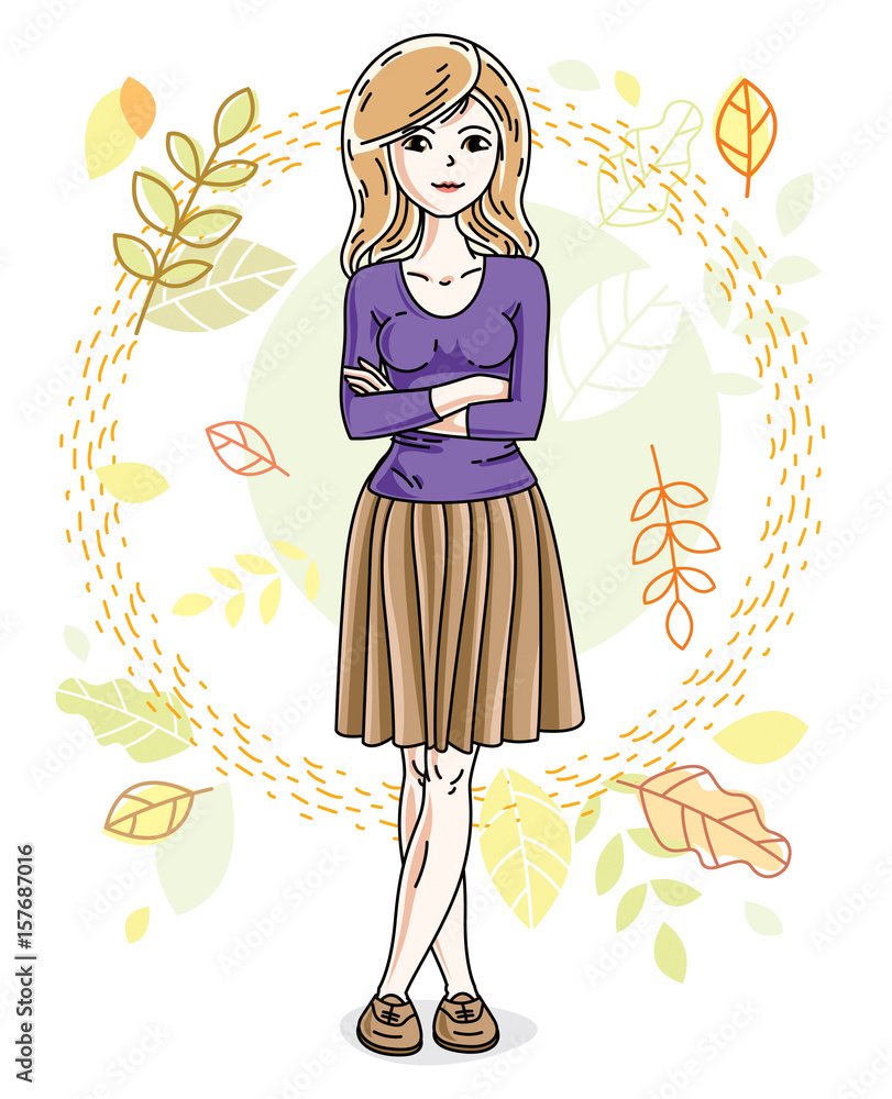 Attractive young blonde woman standing on background of autumn landscape and wearing stylish casual clothes. Vector human illustration.