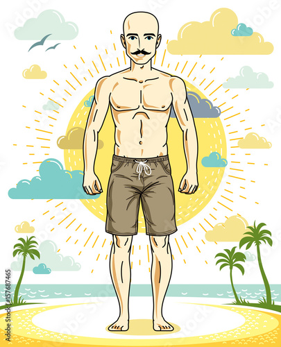 Handsome hairless young man with mustaches standing on tropical beach in bright shorts. Vector athletic male illustration. Summer vacation lifestyle theme cartoon.