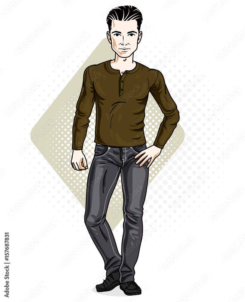 Happy brunet young adult man standing. Vector character wearing casual clothes like jeans and sweatshirt. Happy brunet young adult man standing. Vector character wearing casual clothes like jeans and sweatshirt.