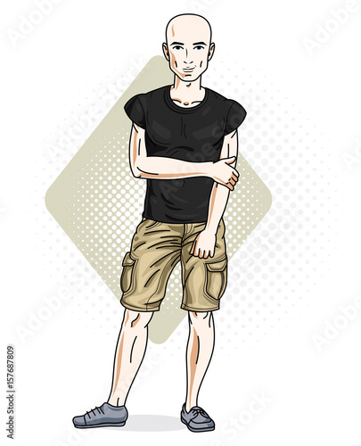 Handsome hairless young man poses on modern background. Vector illustration of male. Lifestyle theme clipart.