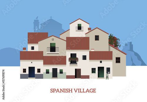 Typical Spanish Village. Mountains and castle on the background. Stork under the bell tower. Vector Illustration