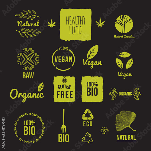Set of vegan, bio, eco labels, icon and marks, vector illustration