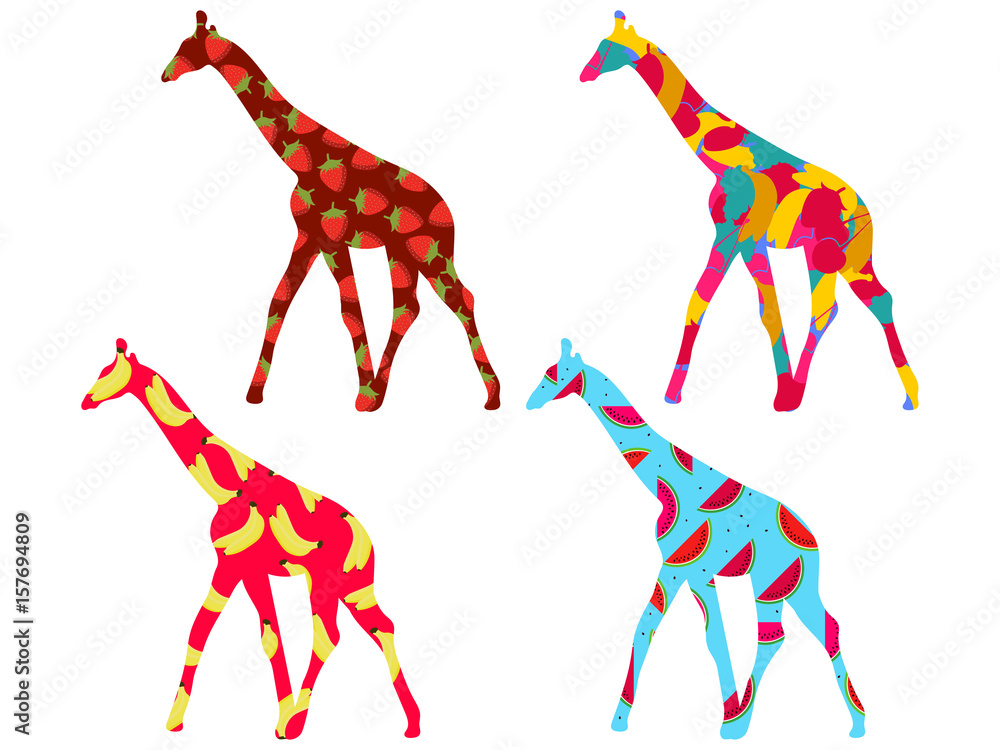 Obraz premium Giraffe with a pattern of berries and fruit isolated on a white background. Bananas, strawberries and watermelon. Vector illustration