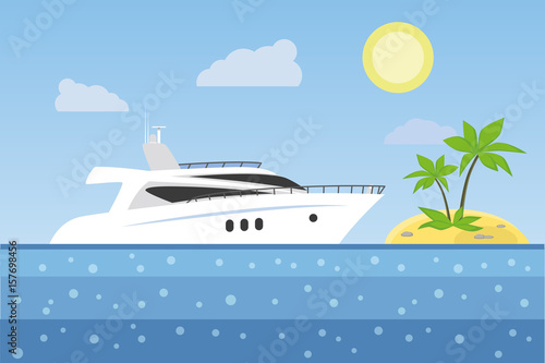 Yacht in the sea on the background of the sunny sky and sand beach. Vector illustration.
