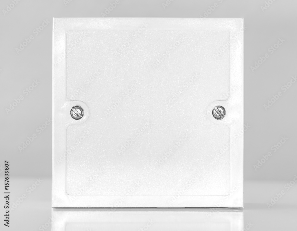 Small white square electrical junction box from the front view Small white square electrical junction box from the front view