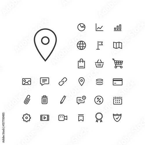 Pin icon in set on the white background. Universal linear icons to use in web and mobile app.