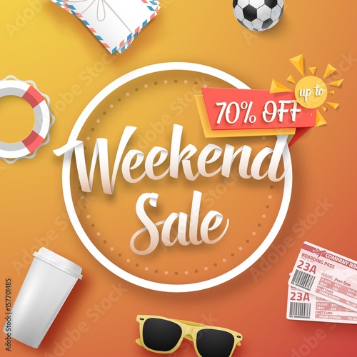 Illustration of Weekend Sale Vector Poster. Bright Sale Flyer Template with Travel Icons