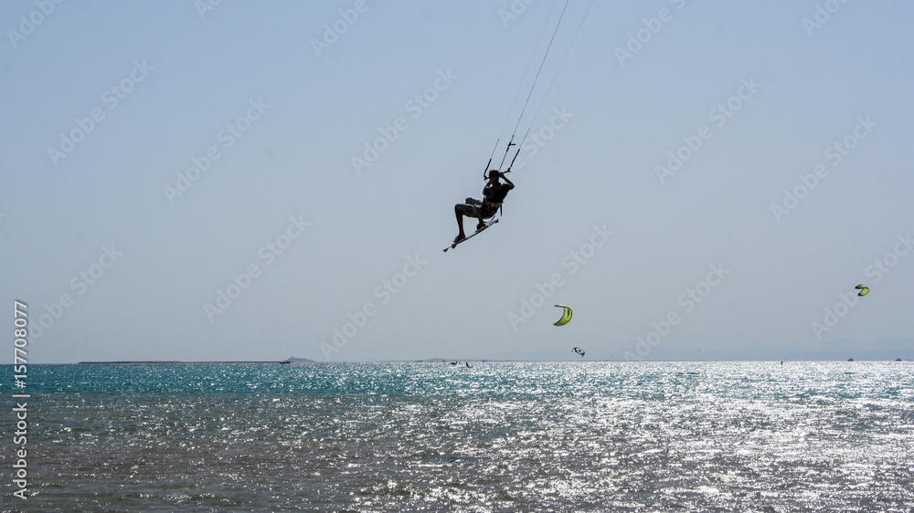 Kiteboarding Kitesurfing on Beach , Soma bay Egypt Summer Sunny Day