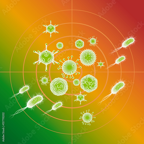 Influenza viruses and E coli Bacteria. Color vector illustration