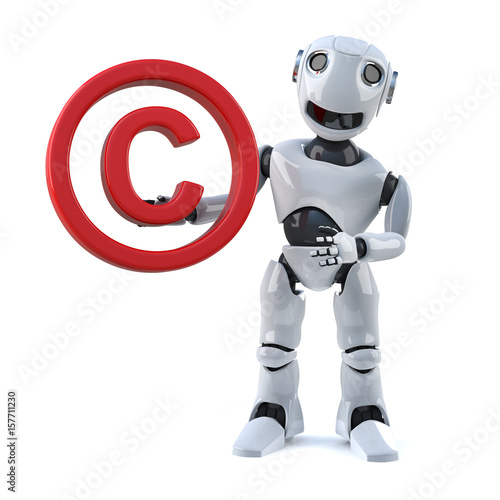 3d Funny cartoon robot android character holds a copyright symbol © Steve Young