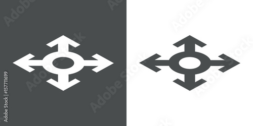 Icono plano cuatro flechas con circulo perspectiva gris y blanco