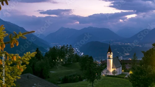 4K Timelapse Church at Sunset A little place of happiness Mosern Tyrol Austria photo