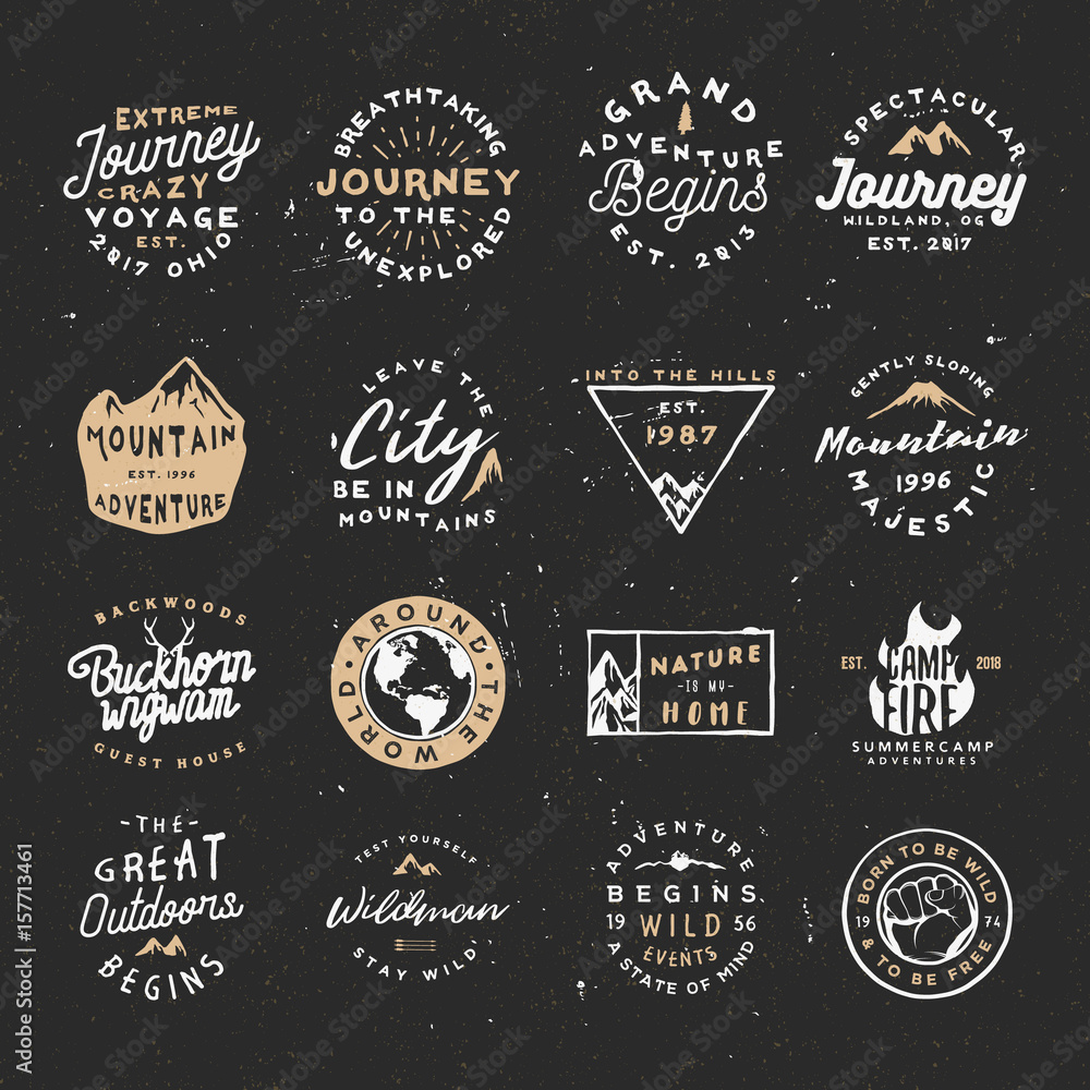Fototapeta premium Outdoor retro logos bundle. Vector adventure logos pack with rough and distressed effect