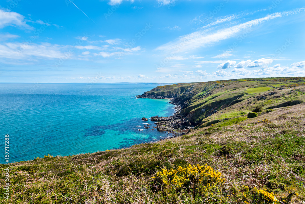 North Cornwall Coast near St Ives. Looking east across Trevalgan Cliff towards Pen Enys Point and Polgassick Cove.