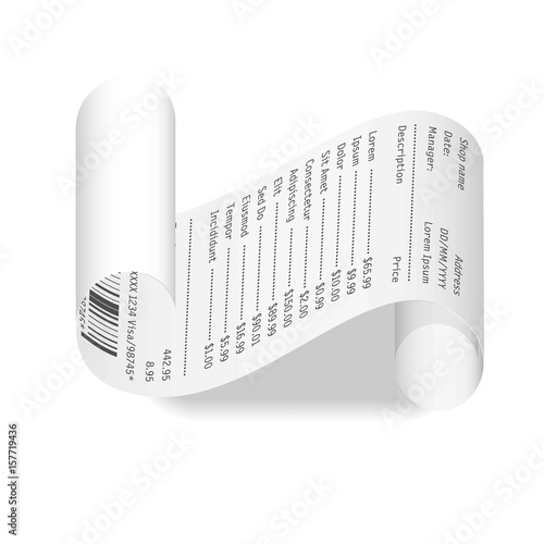 Receipt or cash payment check with price list from shop vector 3D icon