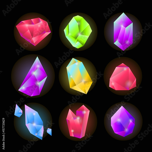 Crystals or gemstones and precious gem stones vector icons set