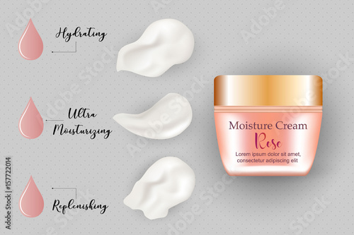 Realistic face cream jar mockup, cosmetic package design. Pink skincare product, swatches, text. Face cream, lotion texture. Cosmetics template design. 