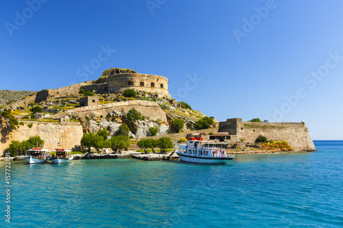 Historical site of Spinalonga island on a sunny spring day, Crete, Greece. 