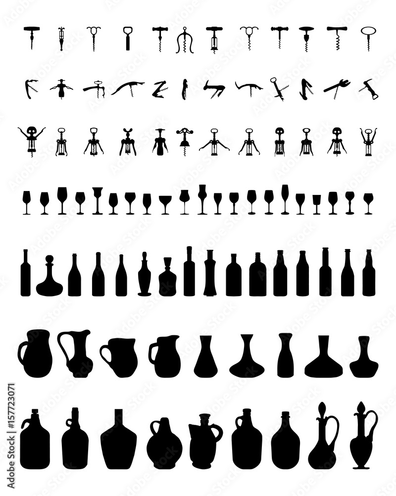 Silhouettes of bowls, bottles, glasses and corkscrew on a white background - obrazy, fototapety, plakaty 