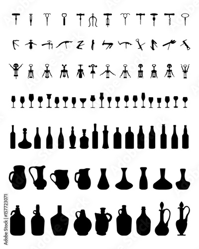 Silhouettes of bowls, bottles, glasses and corkscrew on a white background