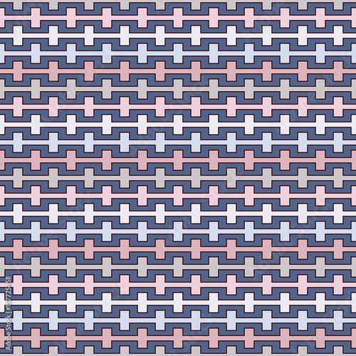 Pastel colors seamless pattern with battlement curved lines. Repeated geometric figures wallpaper. Modern surface.