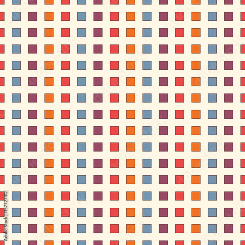 Seamless pattern with bright colors repeated squares. Vertical dashed lines abstract background. Mosaic wallpaper.