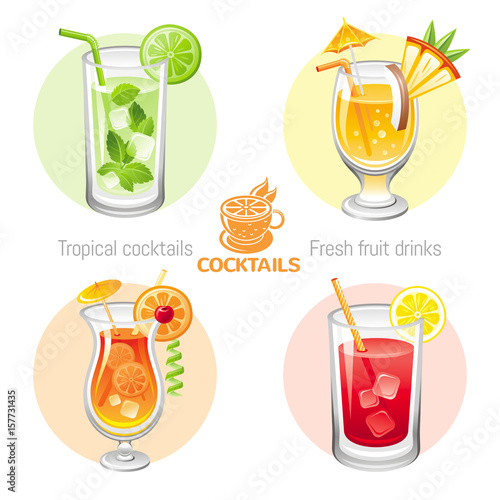 Fresh fruit drink bar logo vector icon set. Flat tropical alcohol cocktail sign menu. Icons isolated on white. Mojito, mai tai, sex on the beach, bloody mary. Banner template. Summer drink concept.