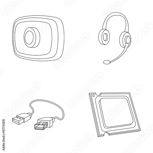 Webcam, headphones, USB cable, processor. Personal computer set collection icons in outline style vector symbol stock illustration web.