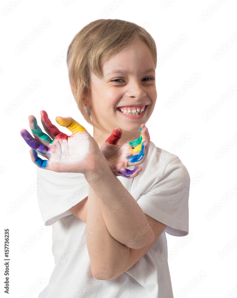 Portrait of a little girl in a T-shirt who smiles and crossed their arms showing painted palms on a white background Portrait of a little girl in a T-shirt who smiles and crossed their arms showing painted palms on a white background