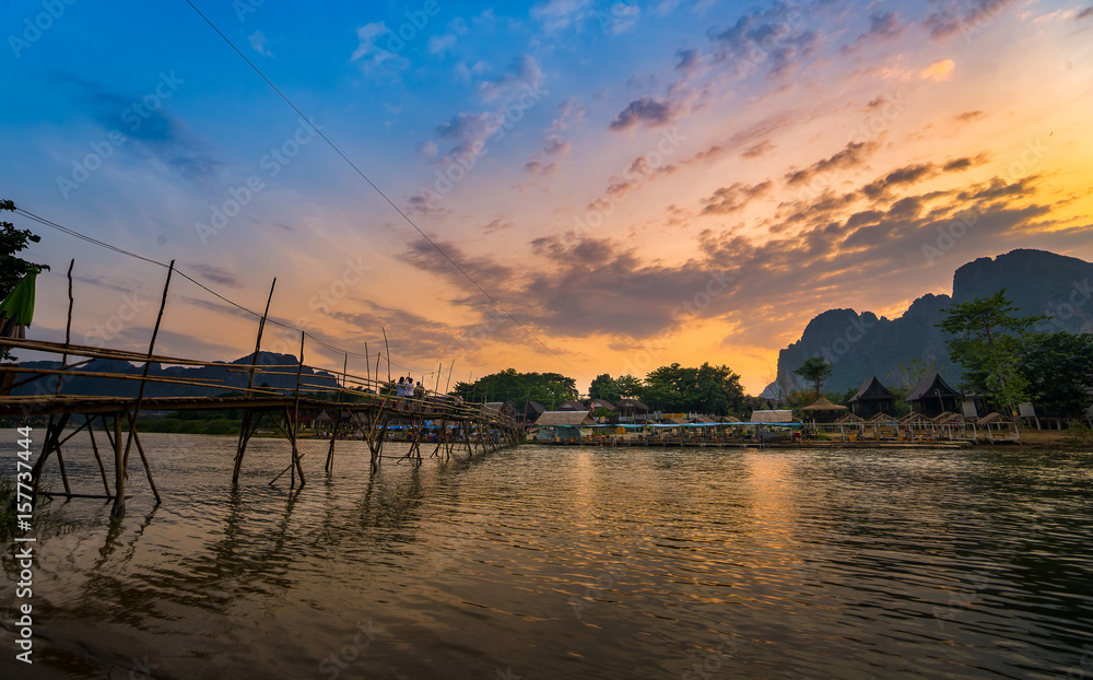 View form Song river in evening with beautiful sunset at Vangvieng Lao.