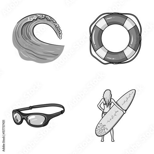 Oncoming wave, life ring, goggles, girl surfing. Surfing set collection icons in monochrome style vector symbol stock illustration web.