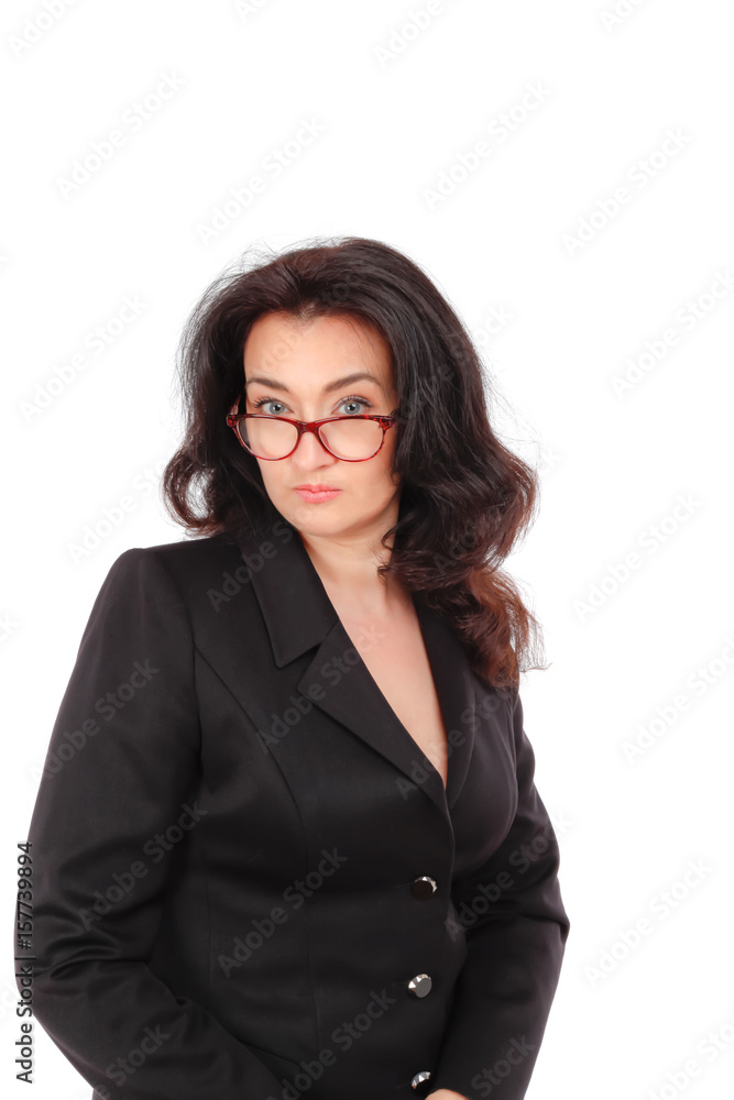 A portrait of women in black suite on white background. Business lady, teacher, entrepreneur. 