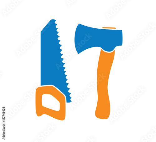 Axe and hand saw, woodwork tools icon isolated