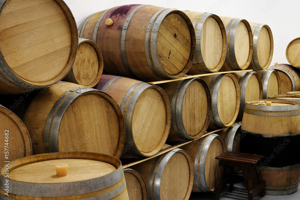 Pile of wine wooden barrels
