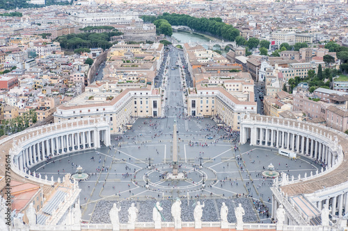 Saint Peter's Square, the large plaza in front of St. Peter's Basilica in Vatican City with the aerial view of Rome, Italy.