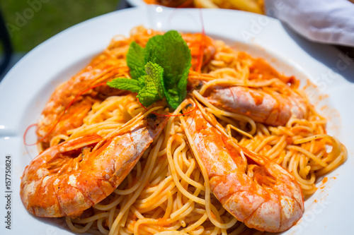 Spaghetti with fresh mediterranean prawns