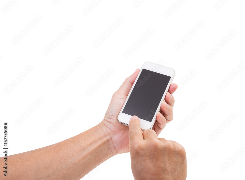Man hand holding mobile phone isolated on white background. clipping path Man hand holding mobile phone isolated on white background. clipping path