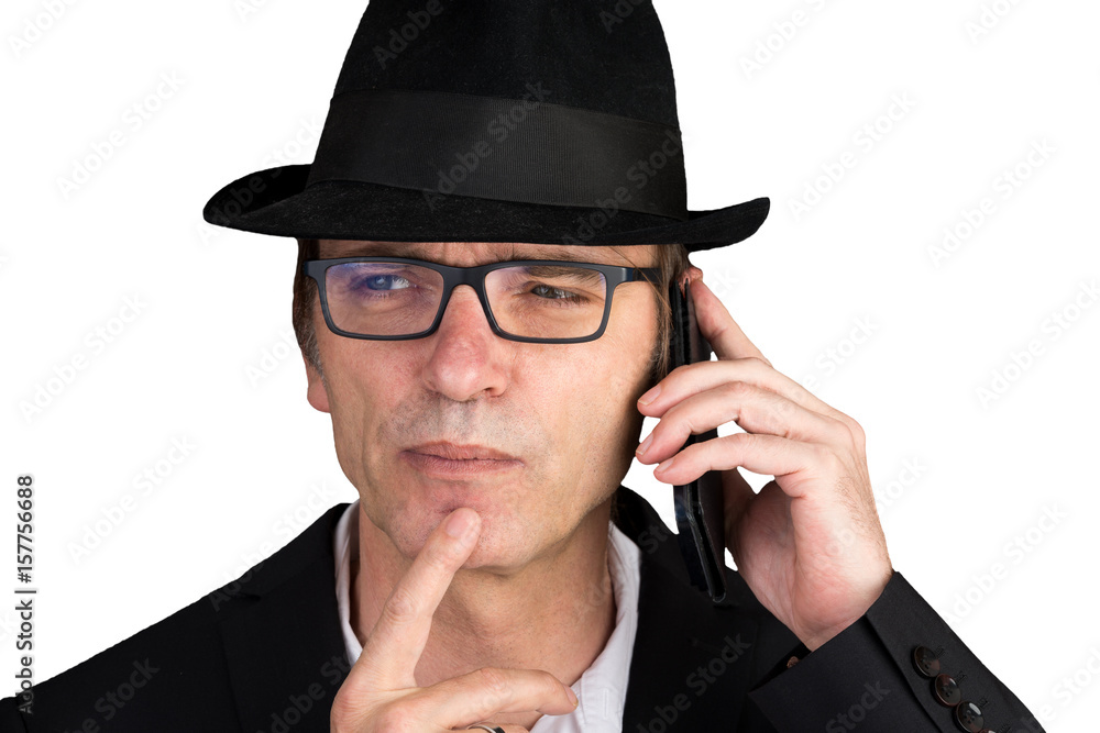 attractive candid european middle-aged male in business suit making a phone cal l- isolated on white background attractive candid european middle-aged male in business suit making a phone cal l- isolated on white background