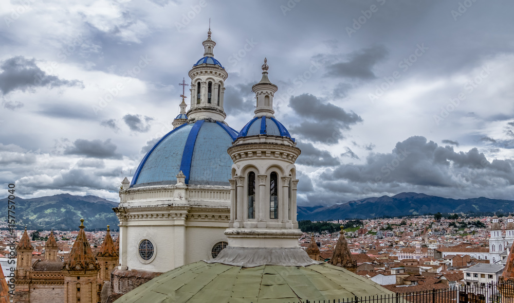 Blue Dome of Inmaculada Concepcion Cathedral and aerial view of Cuenca city  - Cuenca, Ecuador