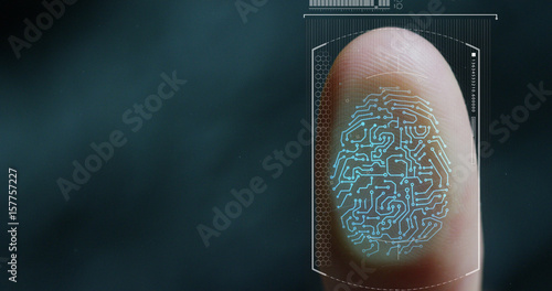 futuristic digital processing of biometric fingerprint scanner. concept of surveillance and security scanning of digital programs and fingerprint biometrics. cyber futuristic applications, future. photo