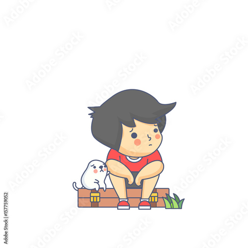 Boy and the Dog Waiting Character Vector Illustration