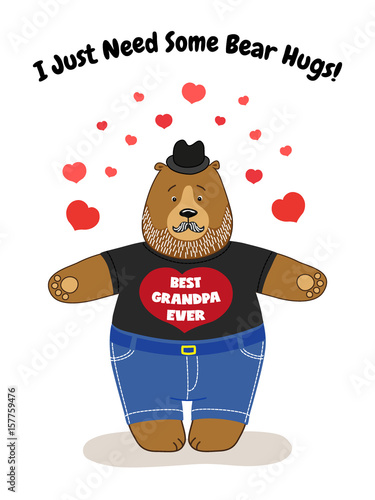Cute Father's Day card with Grandpa Bear waiting for hugs