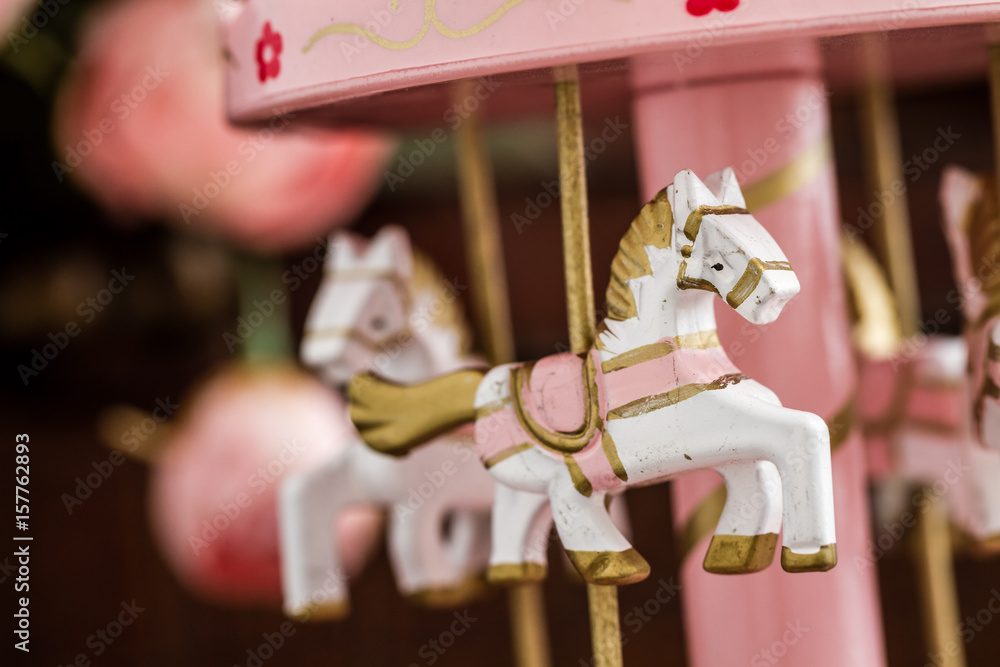 Pink Wooden Carousel Horses with Old Vintage Look