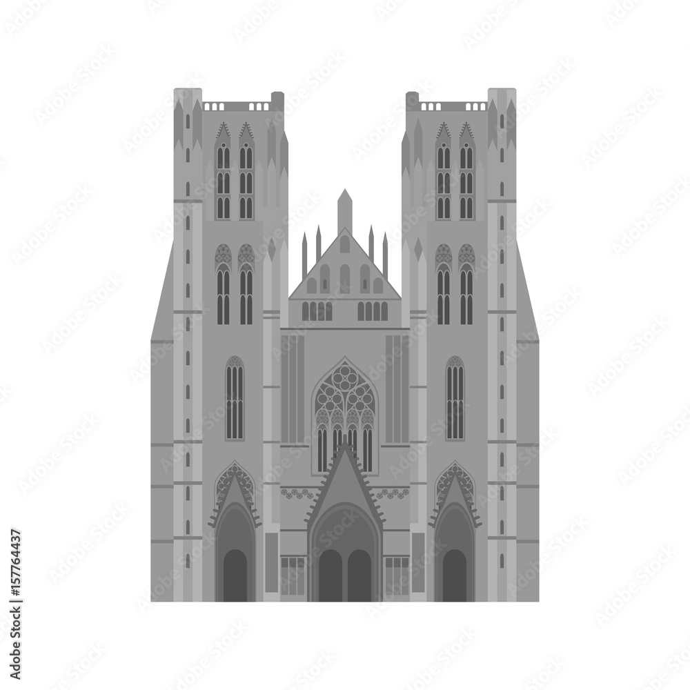 City sights. Brussels architecture landmark. Belgium country flat travel elements. Cathedral of St. Michael and St. Gudula