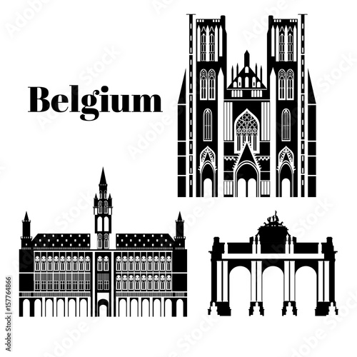 City sights. Brussels architecture landmark. Belgium country flat travel elements. Cathedral of St. Michael and St. Gudula. Town Hall on Grand Place Grote Markt. The triumphal arch in the park of the