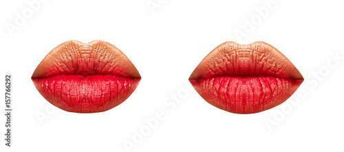 Red lips ideal form  set of two women mouths  lipstick on sexy lip kiss. Cosmetics for women. Lips for advertising isolated white background. Sexy Kiss. Girl mouths close up with red lipstick makeup 