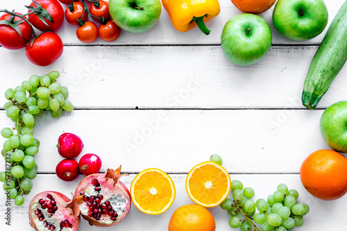 fruits and vegetables for healthy dinner on white background top view mock up