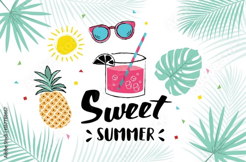 Summer hand drawn illustrations and elements for summer holiday, travel, beach vacation, sun.